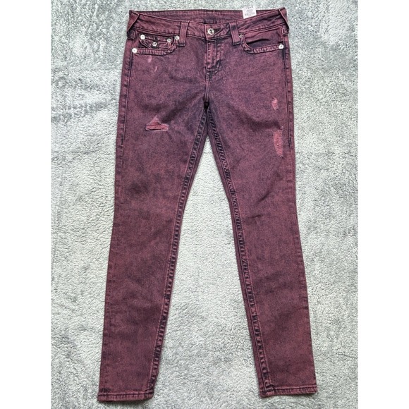 True Religion Super Skinny Distressed Jeans Women 34 Purple Low Rise Flap Pocket - Picture 1 of 16